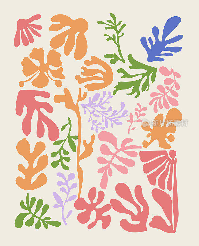 抽象色彩儿童绘画风格极简主义植物叶片图案背景