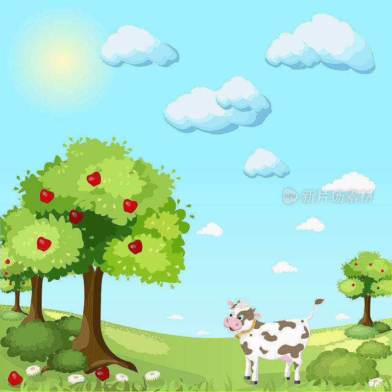 苹果园草地上的一头白奶牛