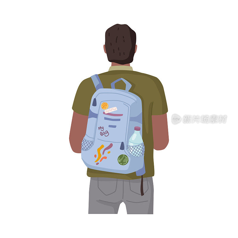 大学生背着双肩包他上学的路上孤立的扁平卡通人物的背影。矢量青年男子与背包，男性休闲服装