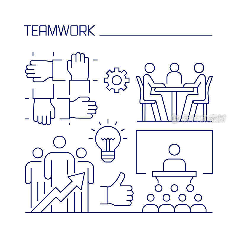 团队合作相关的设计元素。使用大纲图标的模式设计。