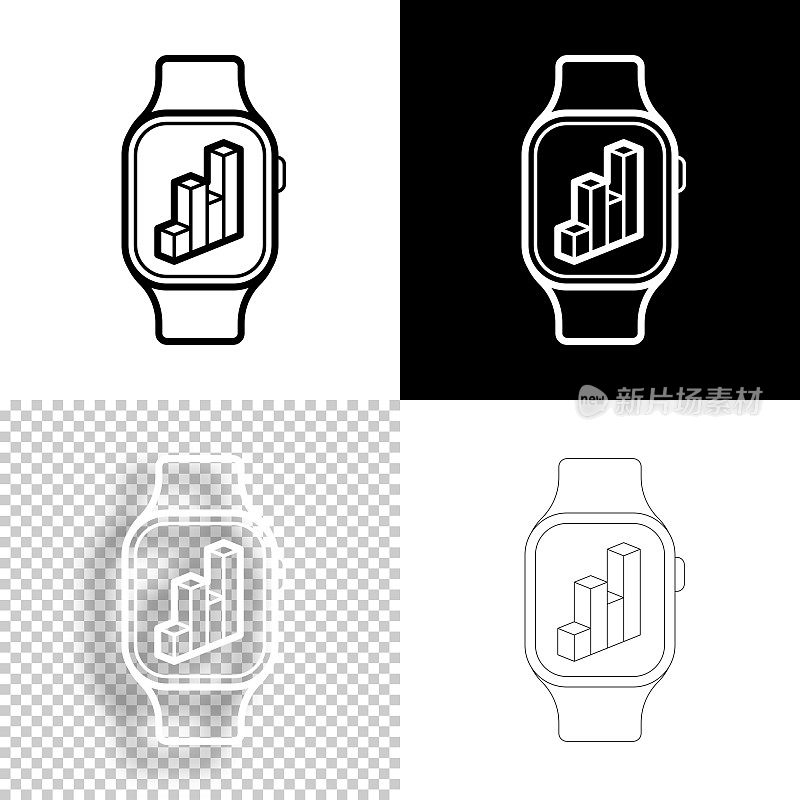 智能手表3D图表。图标设计。空白，白色和黑色背景-线图标