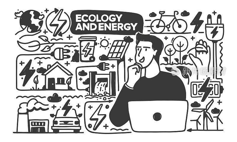 生态与能源概念。一个有着生态和能源标志的年轻人。手绘涂鸦设计。