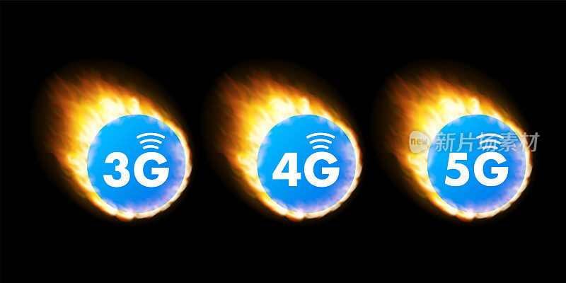 5G、4G、3G符号集隔离背景，移动通信技术与智能手机网络。矢量插图。
