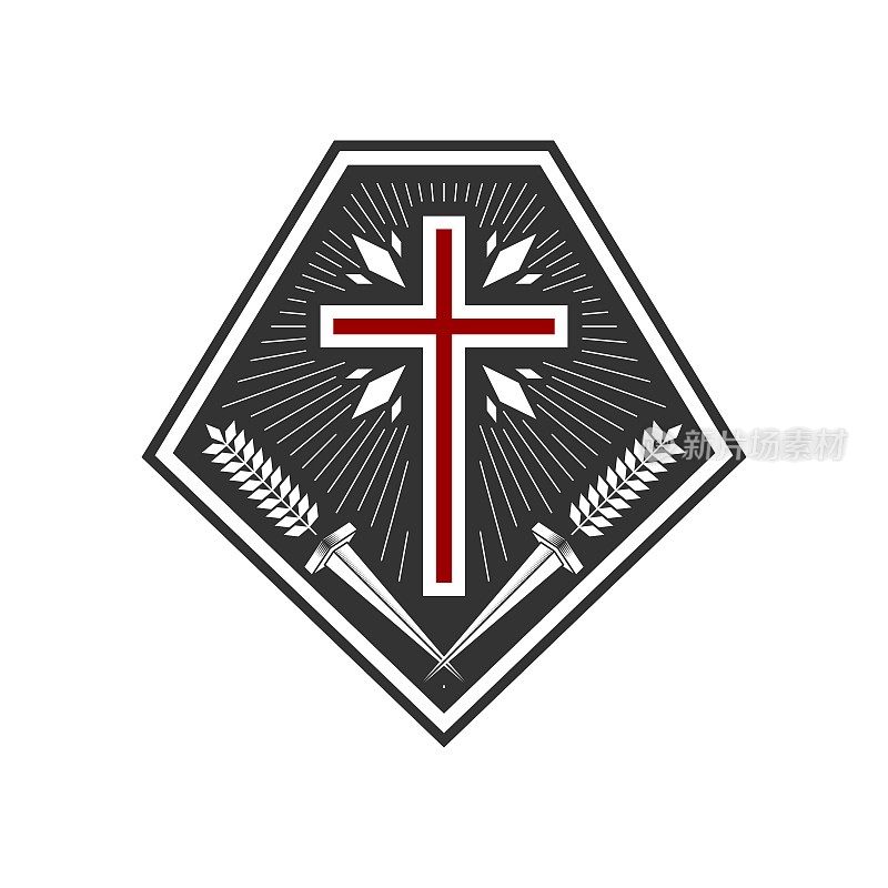 基督教的插图。教堂的标志。盾牌上的十字。