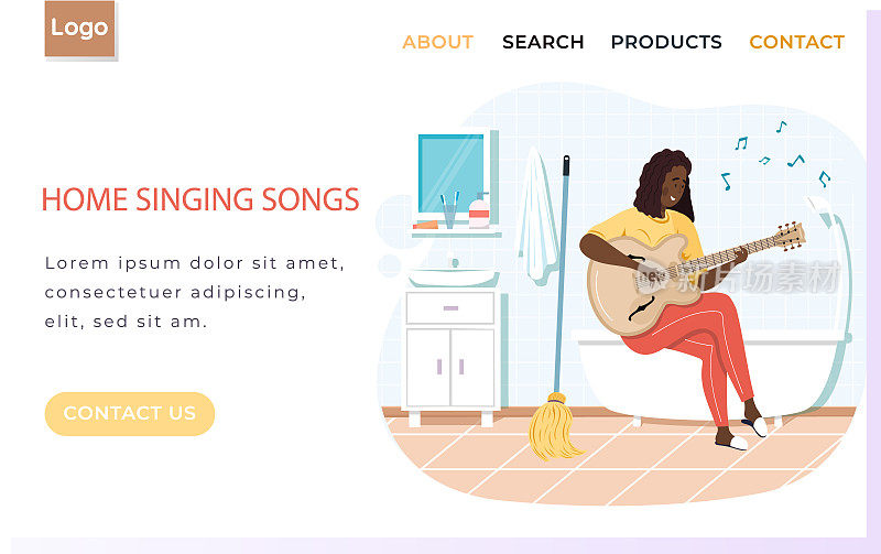 关于在家唱歌的网站。女孩坐在浴室的浴缸上弹吉他