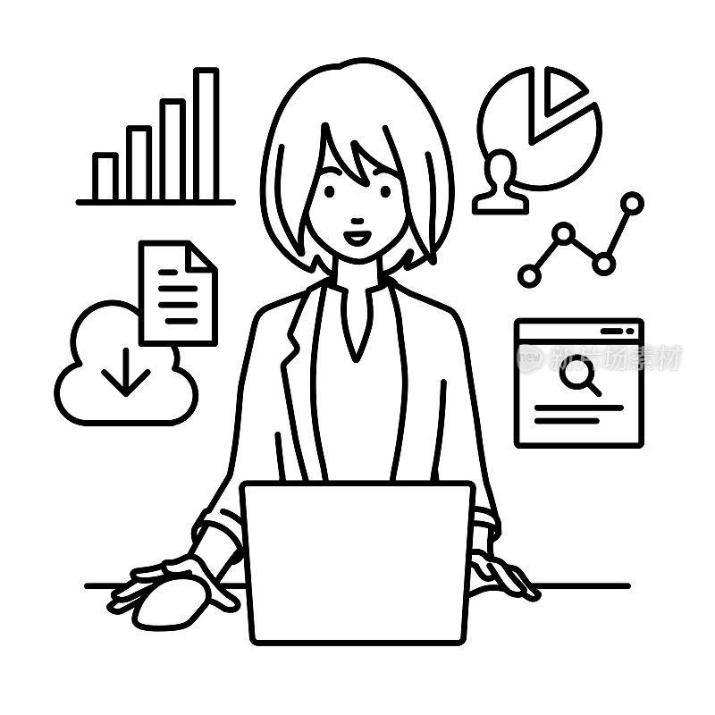 一名身着工作服的女士在办公桌前使用笔记本电脑浏览网站、进行研究、在云端共享文件、分析和做报告