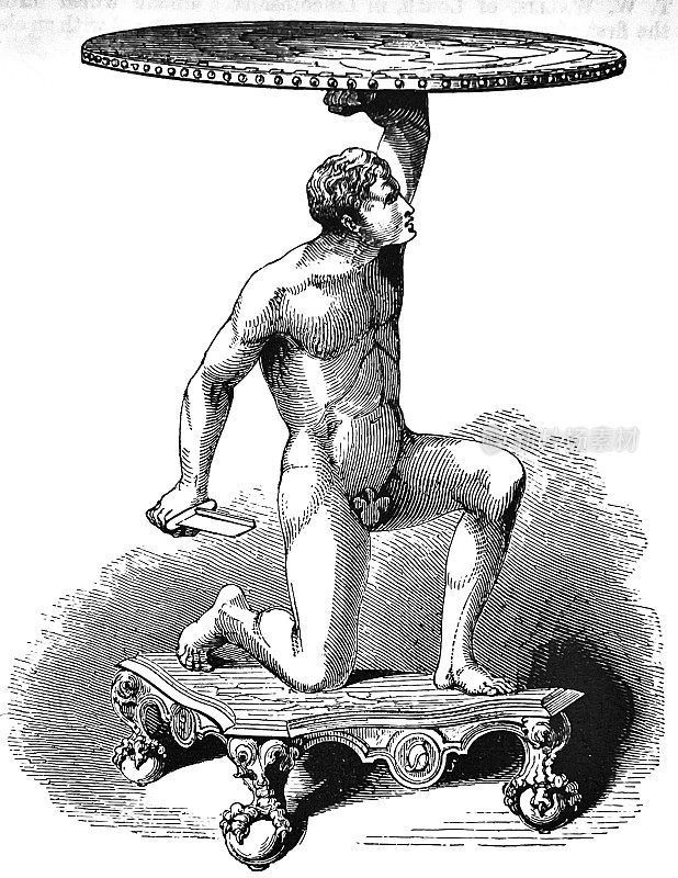 1851年，伦敦水晶宫展览，角斗士的桌子，男人举着一个圆桌在他上面