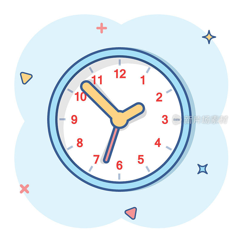 漫画风格的时钟标志图标。时间管理矢量卡通插图在白色孤立的背景。计时器商业概念飞溅效果。