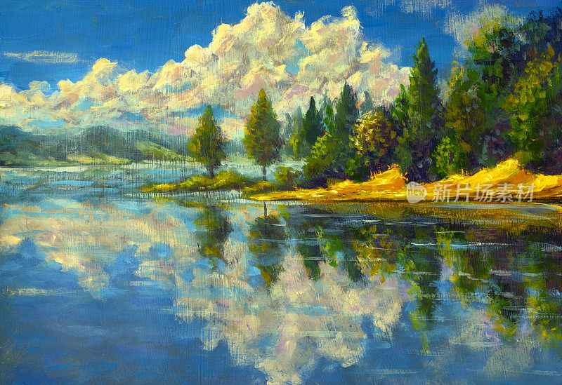 阳光画山水湖岸，秋树云映水插画由艺术家手工制作