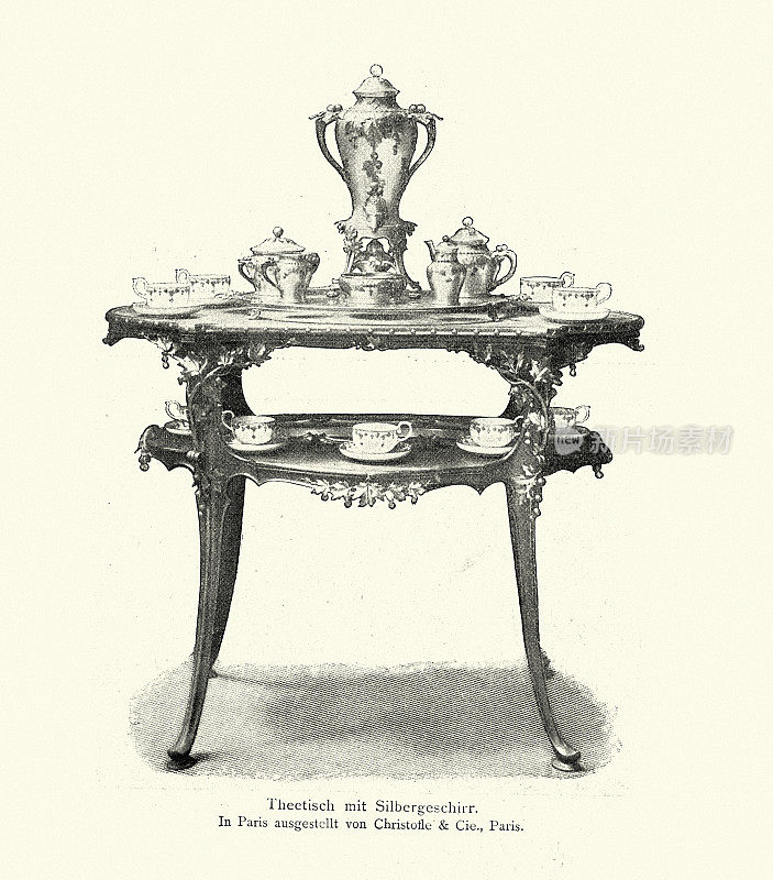 维多利亚装饰艺术，茶具和桌子，茶杯，茶壶19世纪90年代19世纪