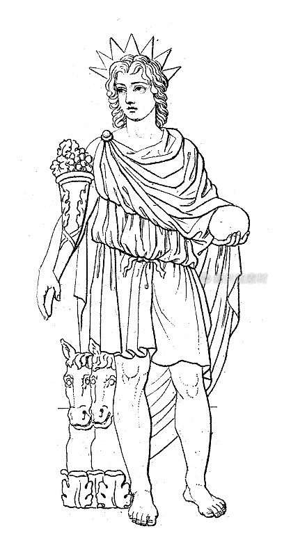 古董雕刻插画，文明:希腊和罗马神与神话，阿波罗