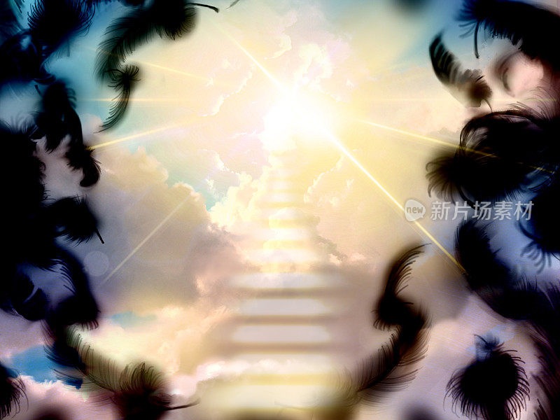 这是一张通往天堂的神秘大门的插图，它超越了从天而降的黑色羽毛，神圣的光芒穿过云海的缺口。