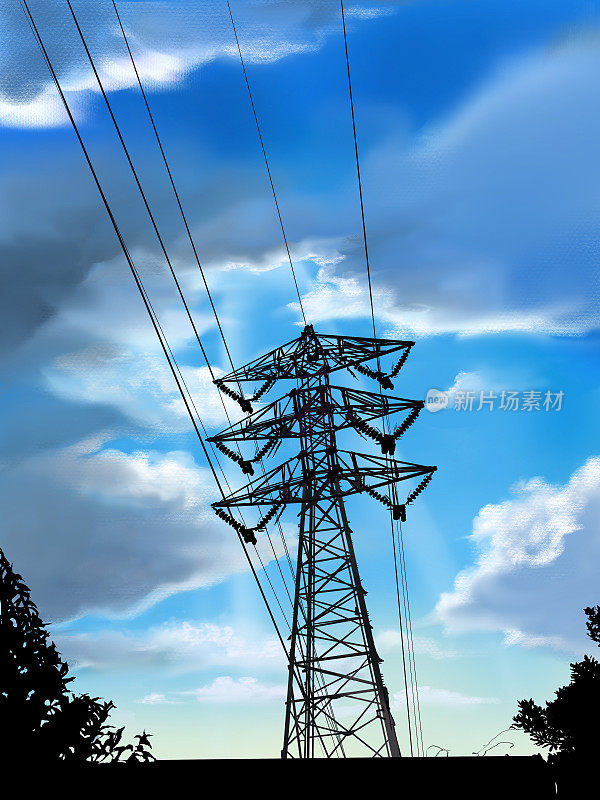 夏天的天空和云的剪影，电力塔和电线的单色剪影从下面看。