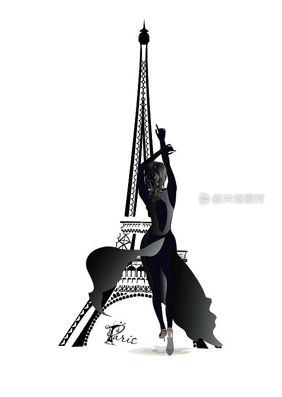 设计上有巴黎和埃菲尔铁塔的字样，戴着帽子的时尚女孩，建筑元素。