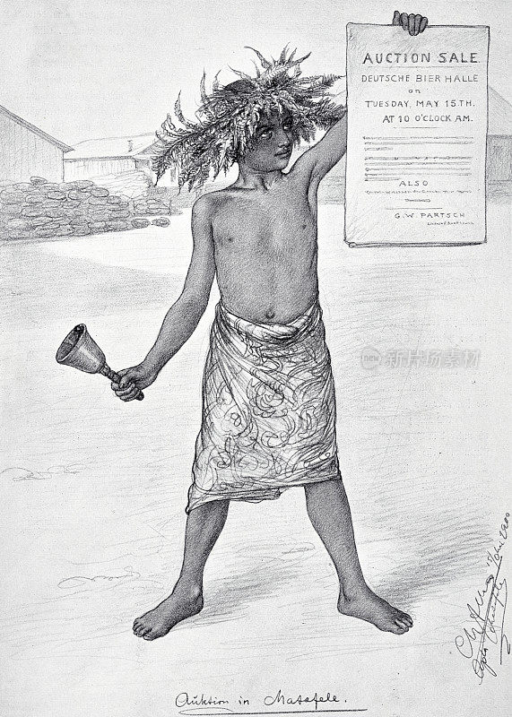 萨摩亚,一个男孩摇着手铃宣布拍卖