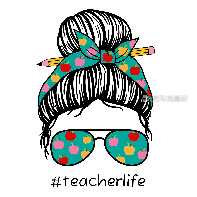 老师的生活。女性的脸戴着眼镜，手帕，铅笔和苹果图案。适合制作教师节的海报、t恤和明信片。
