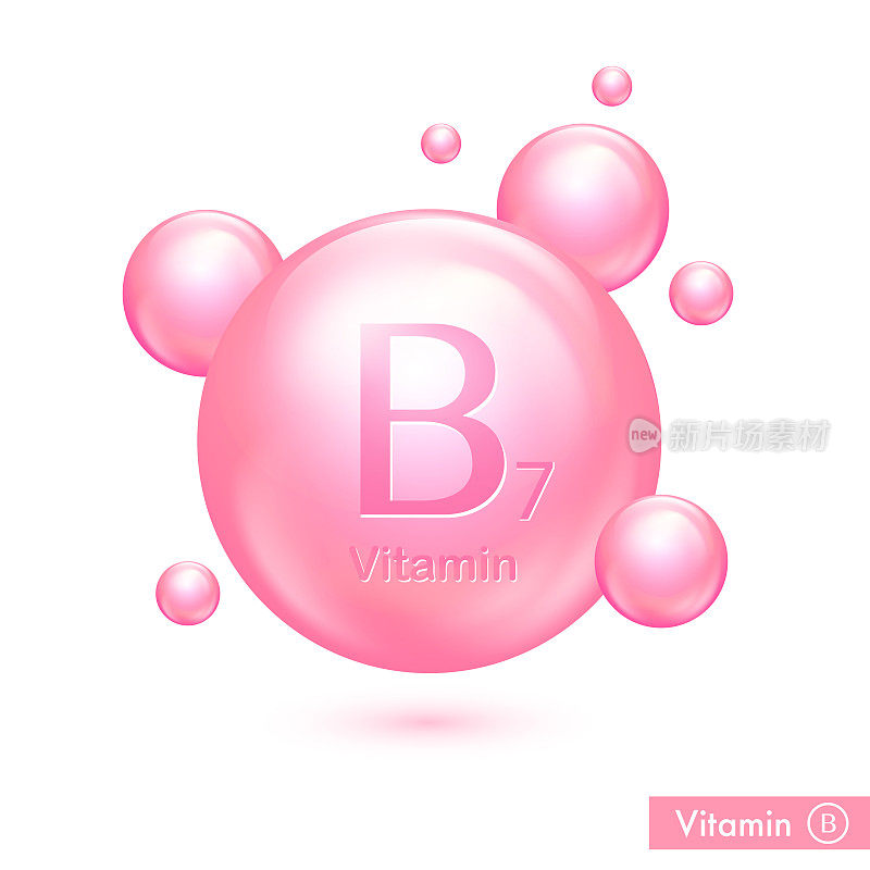 维生素B7胶囊。向量健康图标。粉红亮丸复合物