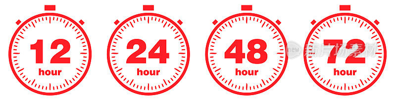 12、24、48、72小时的时钟矢量设置图标。快速的送货服务。24小时服务。工作时间。矢量图