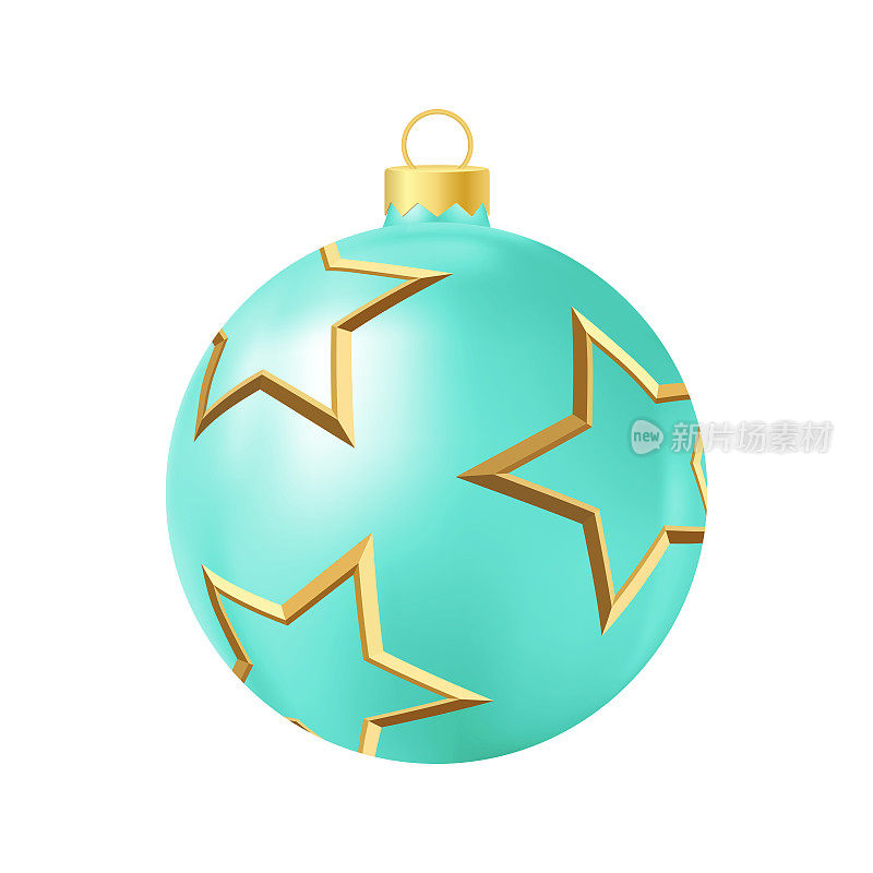 绿松石圣诞树玩具与金色星星逼真的色彩插画