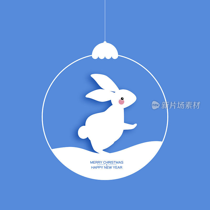 和兔子的圣诞舞会。2023年生肖兔年，兔年快乐。可爱的兔子。圣诞节的时间。蓝色的。