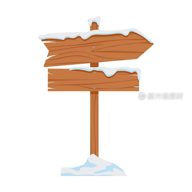 复古木唱覆盖着雪矢量插图。白色背景上木制的雪色招牌、路标或横幅