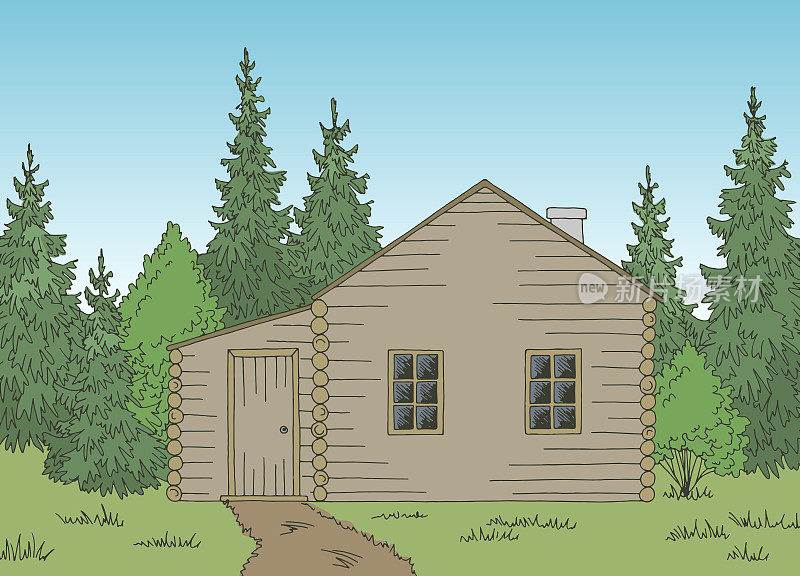 木木屋房屋图形色彩景观素描插图矢量