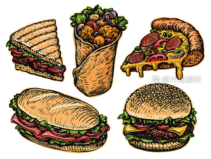 快餐套餐。汉堡，玉米煎饼，芝士汉堡，三明治，披萨。餐厅或餐厅菜单。矢量图