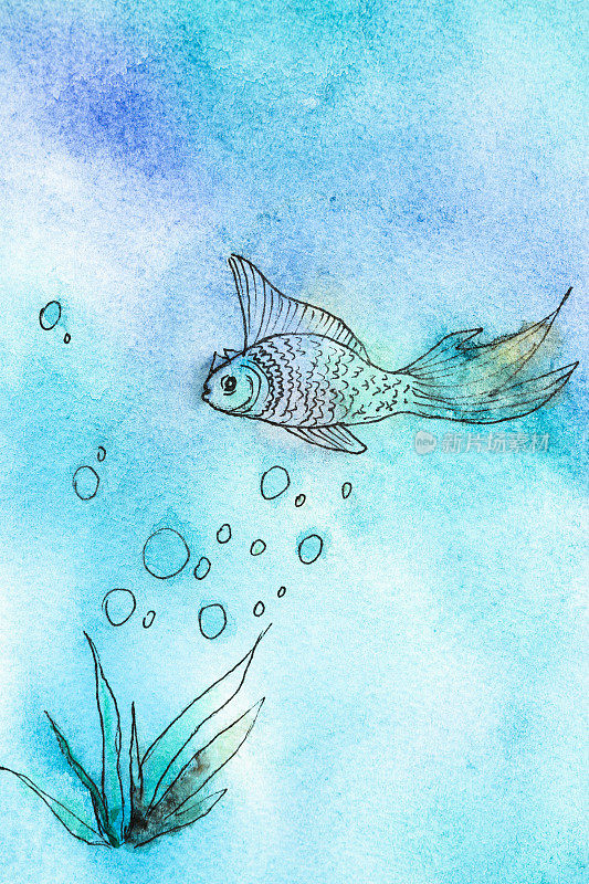 一条鱼，在蓝色的大海背景上。水彩手绘插图
