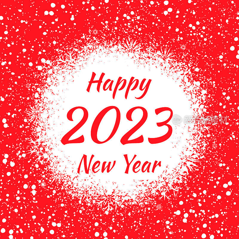 2023年新年快乐。祝贺的海报上有雪花，壁纸上有易碎的不同水晶。雪天贺卡。冬天十二月的背景。