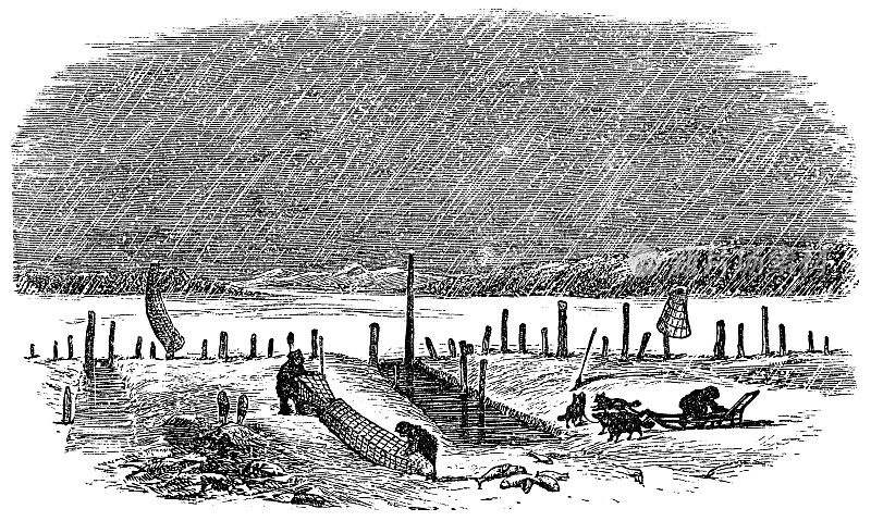 19世纪，美国阿拉斯加州纽拉托市育空河上的阿萨巴斯坎钓鱼营地
