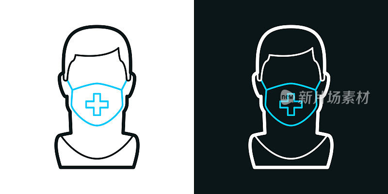 戴医用面罩的男子黑色或白色背景上的双色线条图标-可编辑笔触