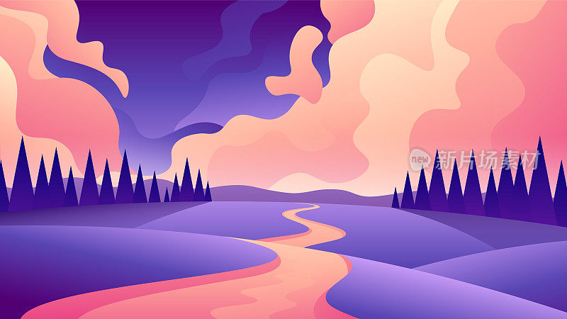 梦幻般的紫色草地在森林和桃红色的天空背景景观。