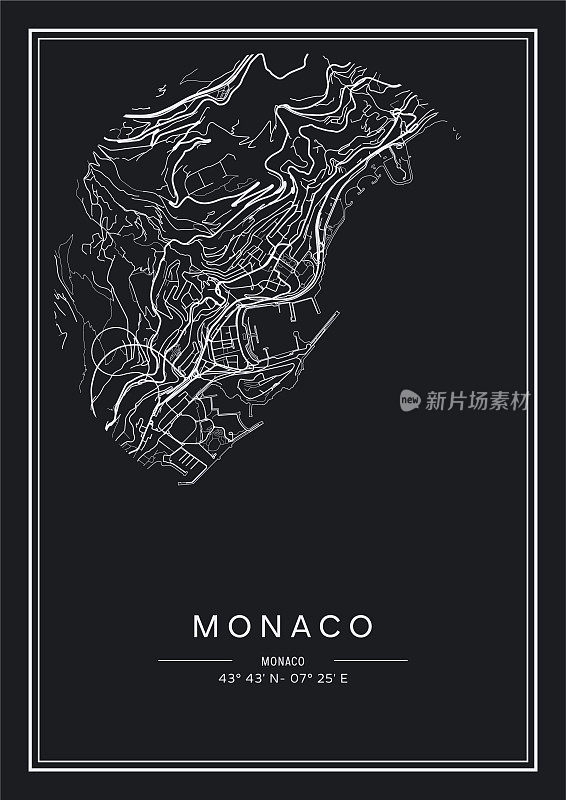 黑白可打印的摩纳哥城市地图，海报设计，矢量插图。