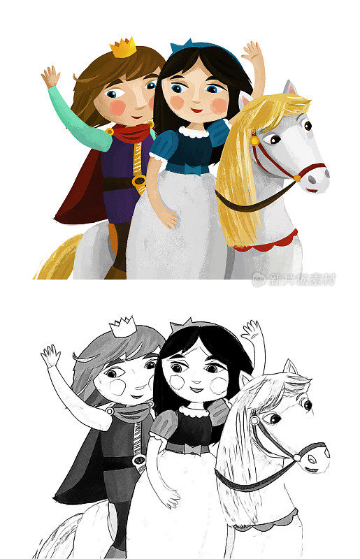 卡通场景与王子国王和公主皇后插图