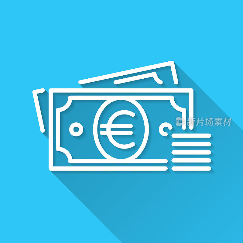 欧元-现金。图标在蓝色背景-平面设计与长阴影