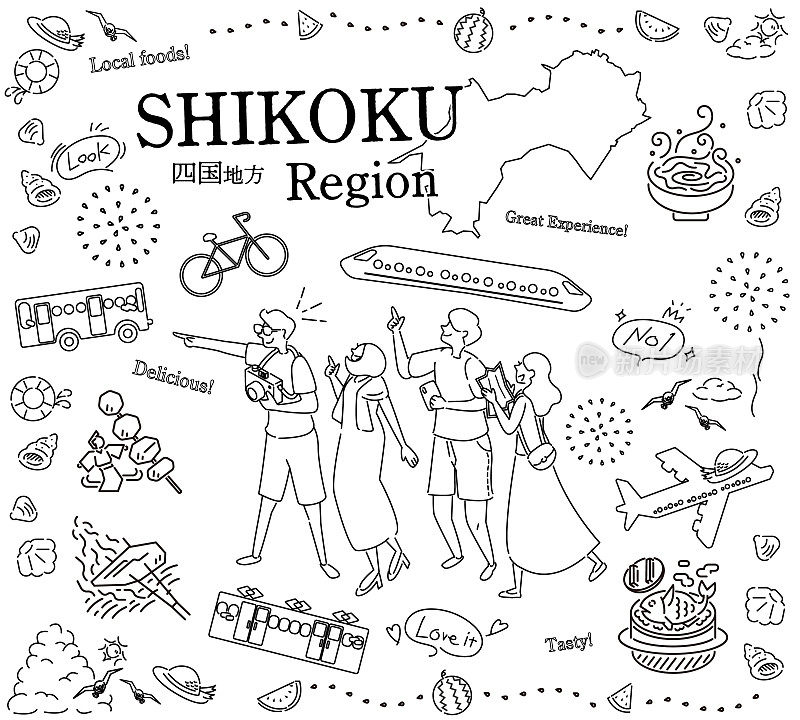 游客在日本四国地区享受夏日美食观光，一组图标(黑白线条画)