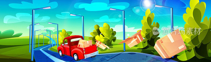 卡通风格的快速交付概念。遵守交通规则。载着箱子的快递车在公路上高速行驶，背景是夏日阳光明媚的风景。