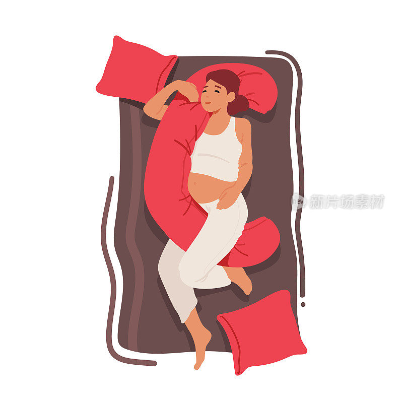 孕妇睡觉与孕妇枕头支持最佳睡眠俯视图。准妈妈女性角色