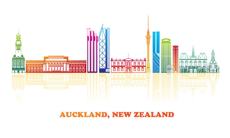 色彩丰富的城市天际线全景奥克兰，新西兰