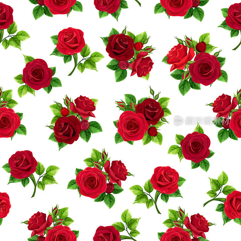 花无缝模式与红玫瑰。矢量图