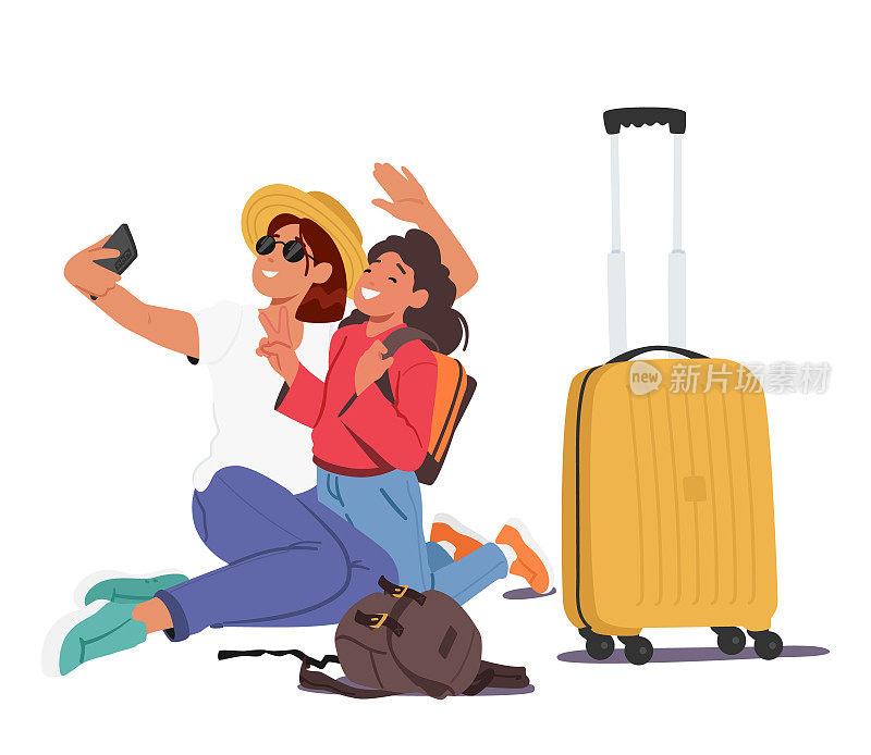 母亲和女儿在行李袋附近自拍，以一种有趣而令人兴奋的方式捕捉他们的旅行记忆