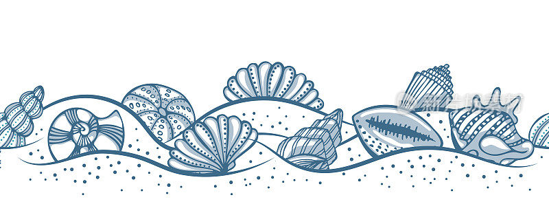 手绘海贝壳在沙滩上，无缝的图案，边框。