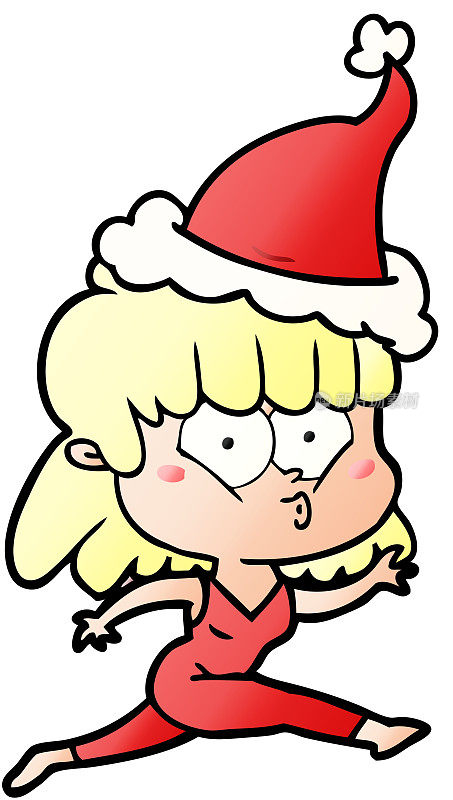 手绘渐变卡通，一个女人戴着圣诞老人的帽子跑步