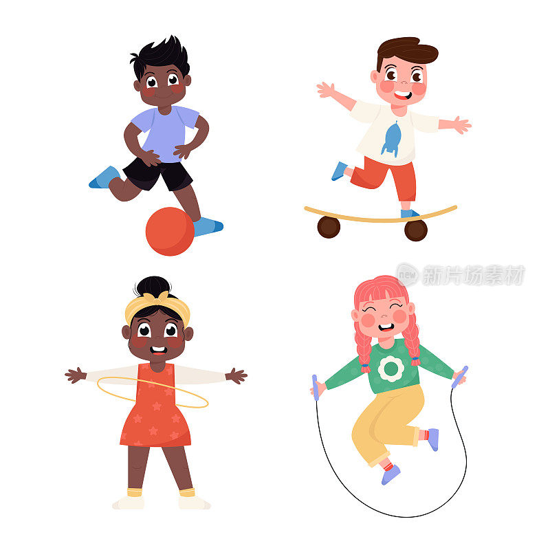 快乐的国际孩子们在踢足球、跳绳、玩滑板、绕圈旋转