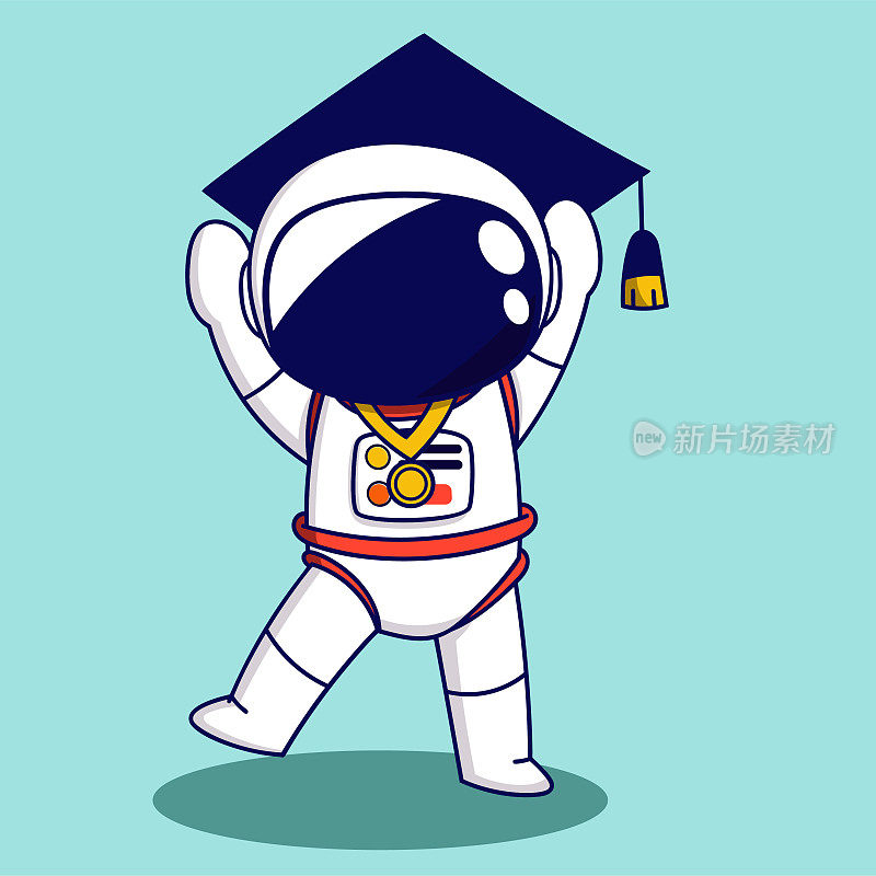 可爱的卡通宇航员拿着毕业帽。卡通风格的矢量插图。