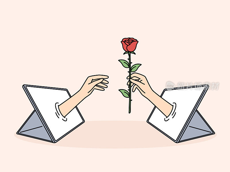 平板电脑上的手与玫瑰象征着使用电子设备进行在线恋爱和约会
