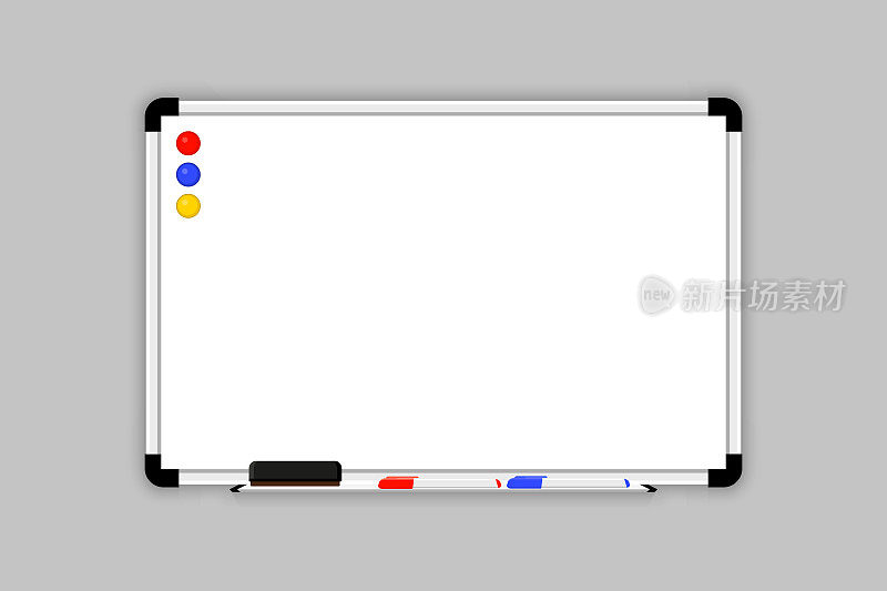 磁性记号白板，带有擦除海绵笔和磁铁。空白的白色记号板。模拟办公室白板。白板上有记号笔和海绵