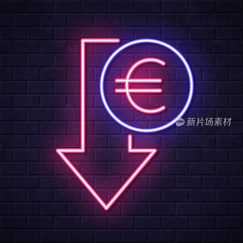 欧元下降。在砖墙背景上发光的霓虹灯图标