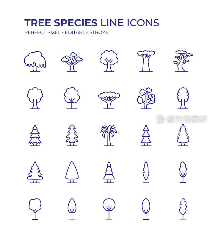 树种可编辑线图标集包含这样的图标，枫树，金合欢树，柳树，雪松树，棕榈树，松树，柏树等