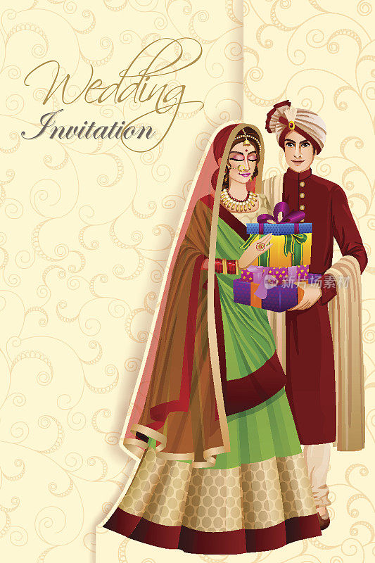 在印度的婚礼上，印度男子夫妇带着礼物
